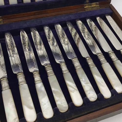 Antique Mother of Pearl Dessert Knives & Forks (Cased)