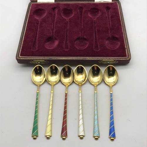 Danish Silver & Enamel Boxed Spoons (Asprey`s)