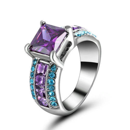 Princess Cut Amethyst 10KT White Gold Filled Ring Size 8