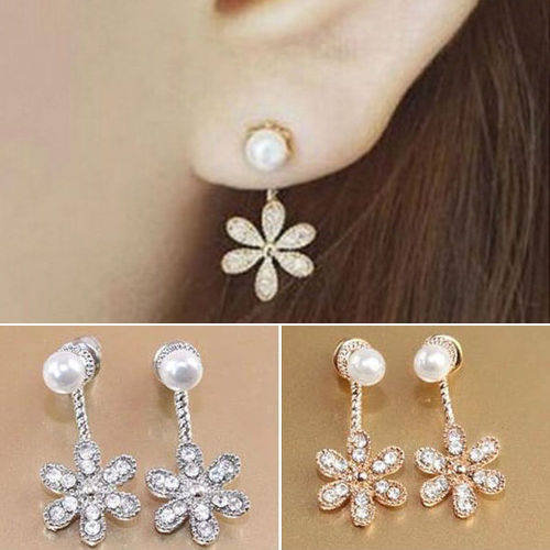 Lavish Pearl Rhinestone Dangle Five Leaves Flower Earrings (Silver)