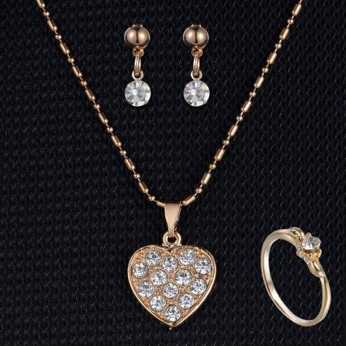 Charming Gold Rhinestone Crystal Necklace, Ring And Earrings Ring Set