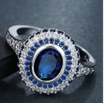Alluring White Gold Filled Saphire Ring With Simulated Diamonds Size 9 US (September Birthstone)