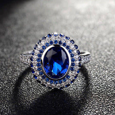 Alluring White Gold Filled Saphire Ring With Simulated Diamonds Size 9 US (September Birthstone)