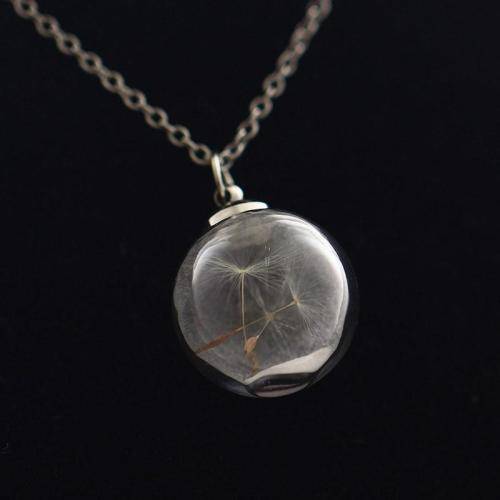 Solid 925 Sterling Silver Snake Chain Necklace With Dandelion Crystal Ball Pendant