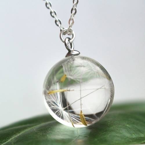 Solid 925 Sterling Silver Snake Chain Necklace With Dandelion Crystal Ball Pendant