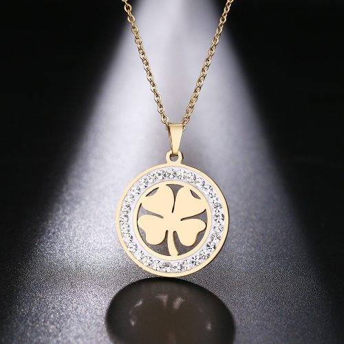 Titanium "Lucky 4-Leaf Clover" Necklace With Simulated Diamonds