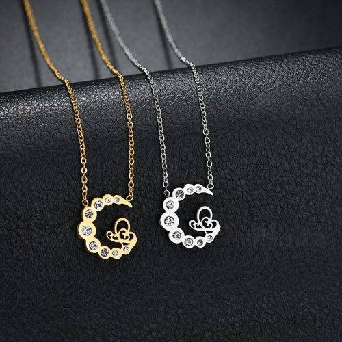 Stainless Steel "Moon" Necklace With Simulated Diamonds 50 cm **R 899** (SILVER)