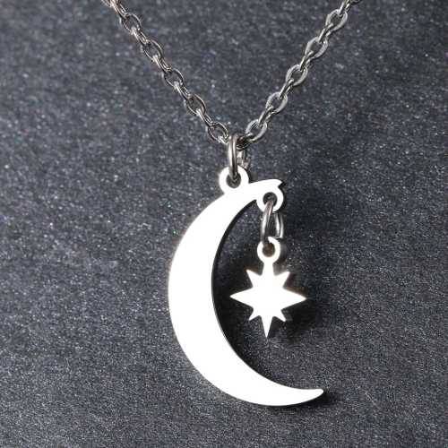 TITANIUM (NEVER FADE) MOON and STAR Necklace 45cm (SILVER ONLY)