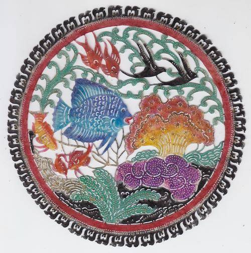 EXQUISITE Thai hand tooled and painted leather depiction of undersea scene