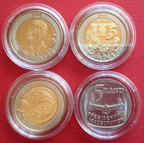 FANTASTIC 4 COMMEMORATIVE R5 COINS IN CAPSULES (Mandela, SARB, Freedom, Inauguration)