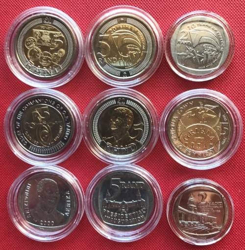 SUPERSET OF NINE COMMEMORATIVE COINS IN CAPSULES (ORT, Griqua, Democracy, Mandela, SARB etc.)