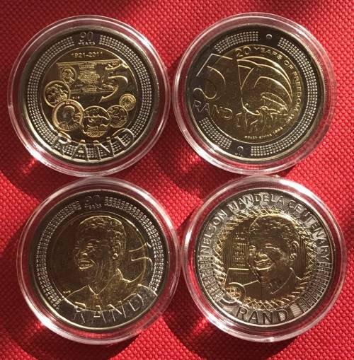 FAB FOUR uncirculated bi-metal R5 Mandela coins in capsules (2008, 2011, 2014 & 2018)