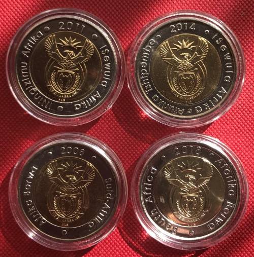 FAB FOUR uncirculated bi-metal R5 Mandela coins in capsules (2008, 2011, 2014 & 2018)