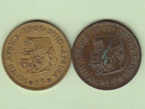 1st Decimal Series 1961 1 cent coins - two colours