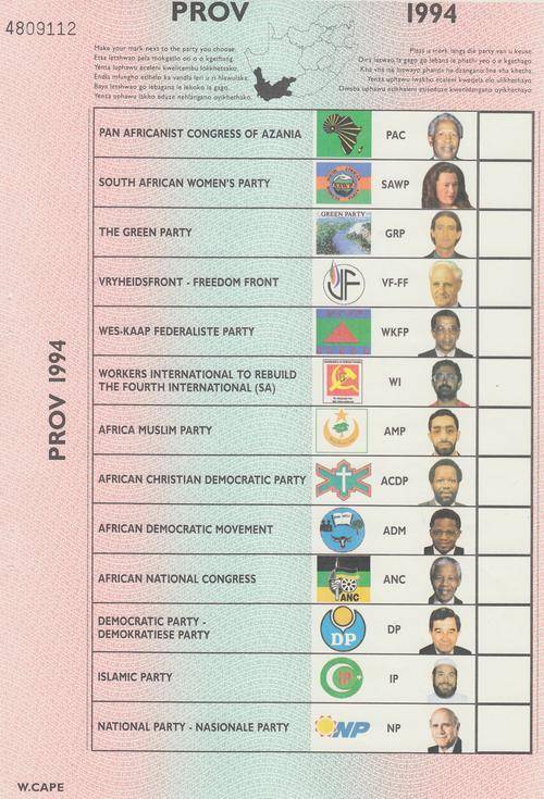 1994 National Elections - Provincial Ballot Paper with Nelson Mandela  - W. Cape Province