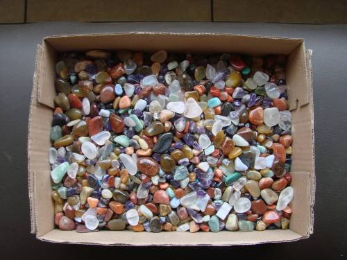 BOX FULL OF TUMBLED SEMI PRECIOUS STONES, LARGE AND SMALL APPROX 3Kg