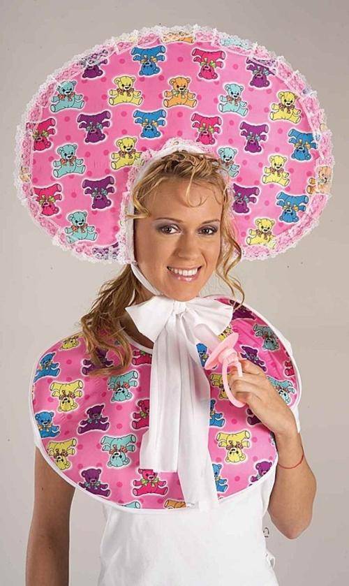 Adult bonnet, bib, hat and dummy set for babyshower - pink for girl