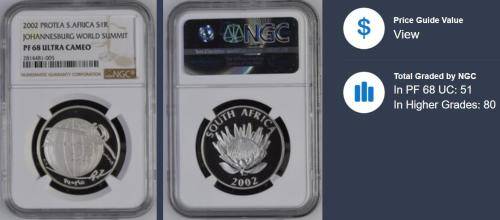 2002 Protea Silver Johannesburg World Summit R1 Crown NGC PF68 Ultra Cameo