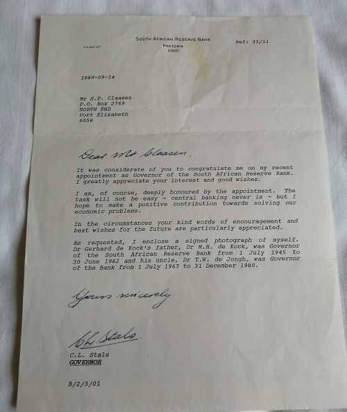 C.L.  Stals Governor of SARB. Bank note collection with signed Photo and signed letter from SARB.