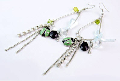 SILVER Color Earrings with Ladybugs,Bow Tie and Lucite Crystal Stone Pendants
