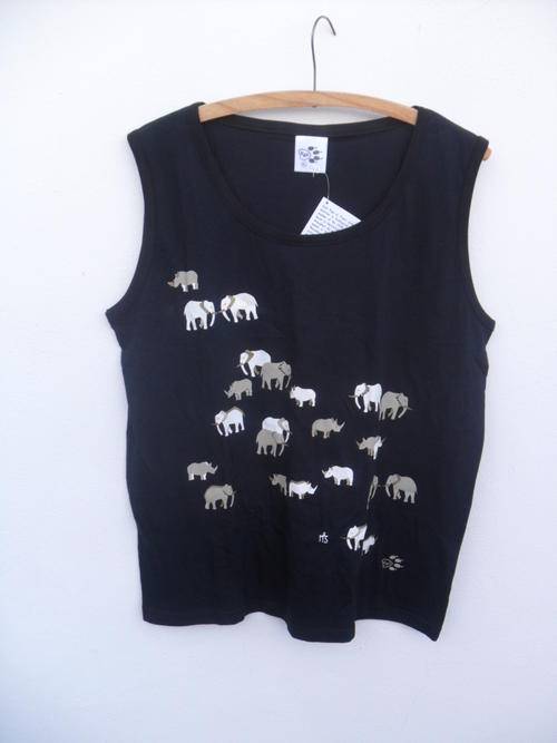 XLarge Black sleeveless ladies shirt with elephant and rhino