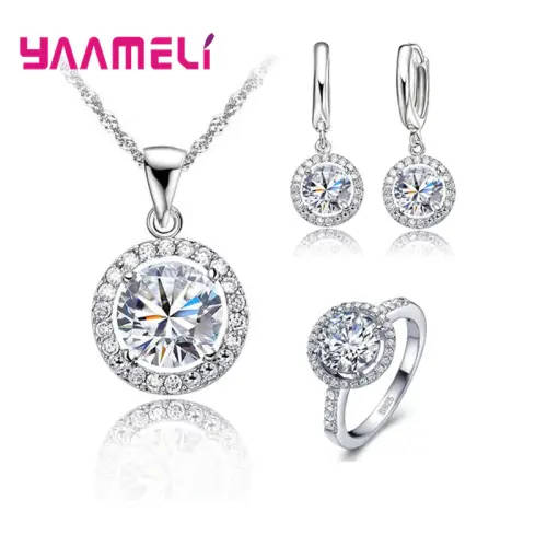 ROMANTIC SILVER CUBIC ZIRCON NECKLACE EARRING AND RING SET SIZE 9