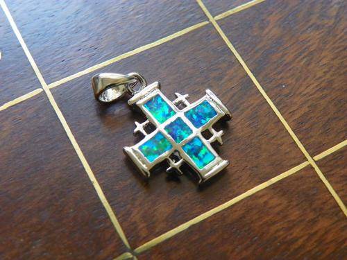 CROSS SHAPED BLUE FIRE OPAL SILVER PENDANT