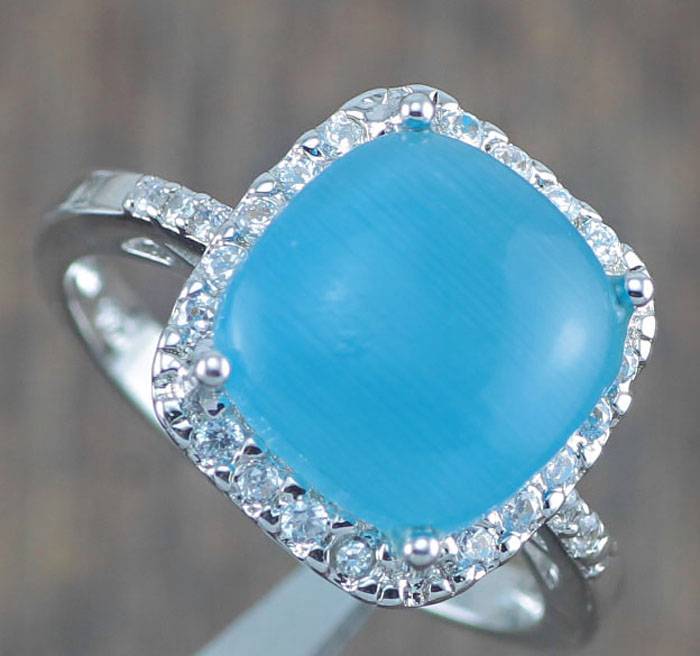 BLUE CAT'S EYE ZIRCON SILVER RING SIZE 9