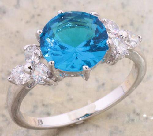 AQUAMARINE & WHITE TOPAZ SILVER RING SIZE 9