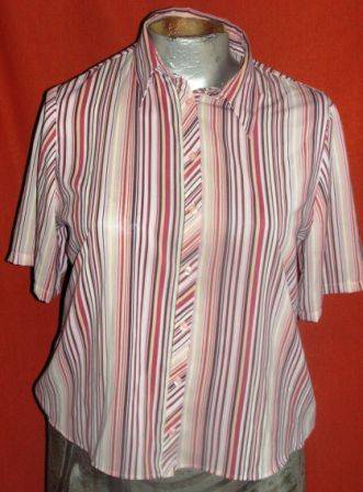 SHADES OF PINK SHORT SLEEVE STRIPED SHIRT. SIZE 14 CONDITION: VERY GOOD