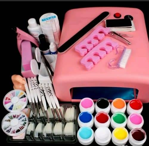 COMPLETE UV GEL NAIL KIT WITH 36W LAMP PINK/WHITE + 12 COLOR GEL SET