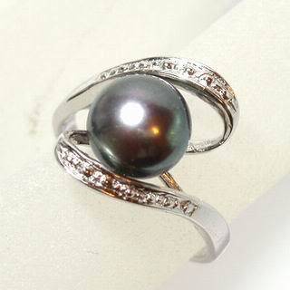 LARGE GENUINE BLACK AKOYA PEARL & WHITE TOPAZ RING SIZE 8