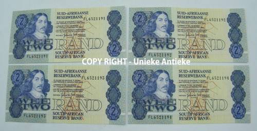 Lot of 4 of SA G de Kock Consecutive R2 UNC notes - as per photo