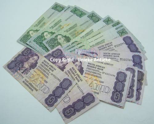 Lot of 20 old SA banknotes  10x R5 & 10x R10 - as per photo
