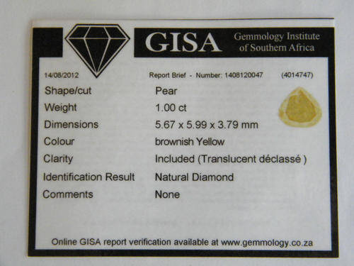 Diamond 1.00 ct Brownish yellow Pear cut - certificate by Gisa - as per photo