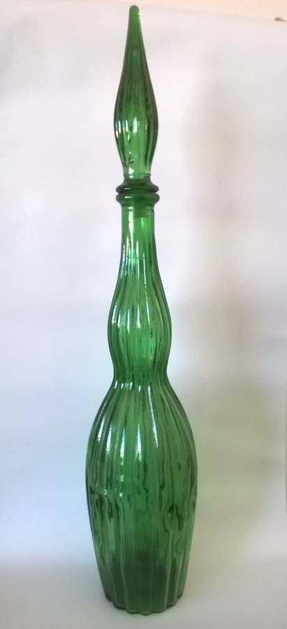 Green Grooved Art Glass Genie Bottle Decanter