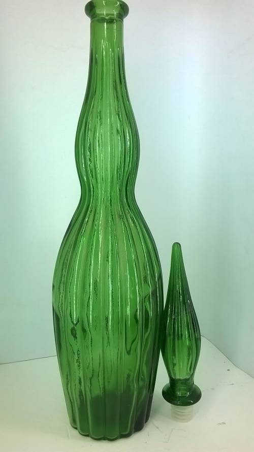 Green Grooved Art Glass Genie Bottle Decanter