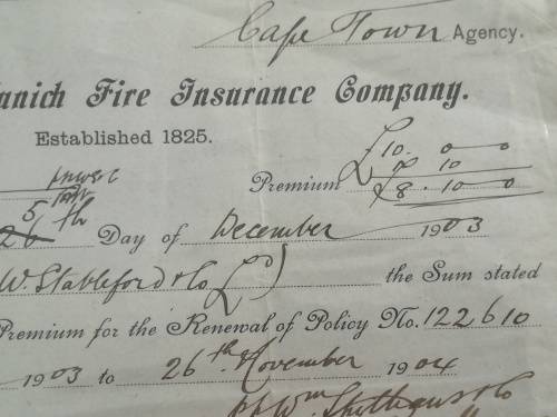 Cogh. 5 shilling Revenue on 1903 Fire Insurance Receipt