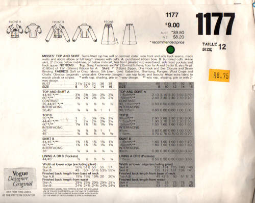 Sewing Pattern Vogue 1177  Skirt and Jacket size 12