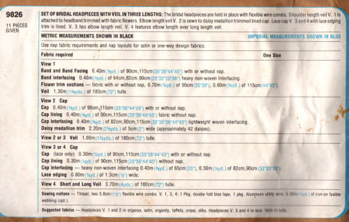 Sewing Pattern Simplicity 9826 Bridal Veils and headpieces one size