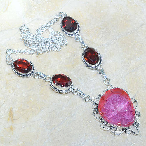 DRUSY AGATE+GARNET SILVER NECKLACE