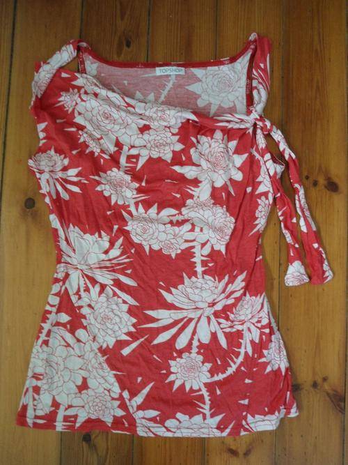 Topshop 10 RETRO slouch neck FOLK floral TOP evening boho INDIE red pink vintage