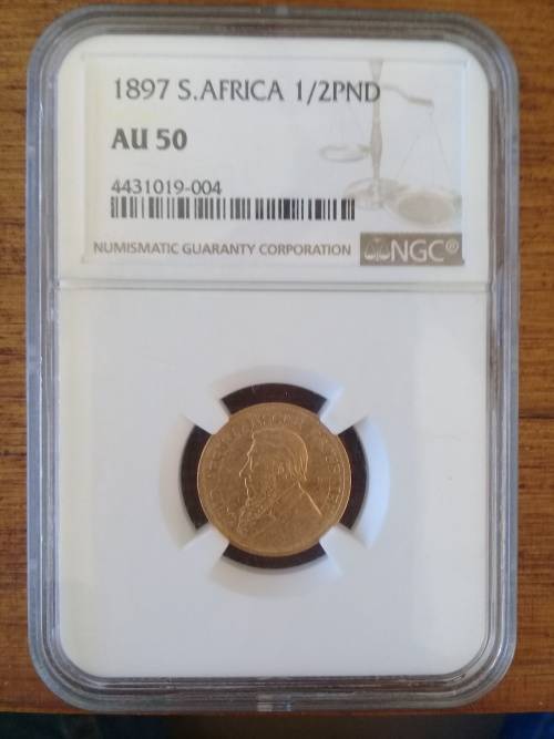 Paul Kruger ZAR : GOLD HALF POND of 1897 : NGC graded AU 50