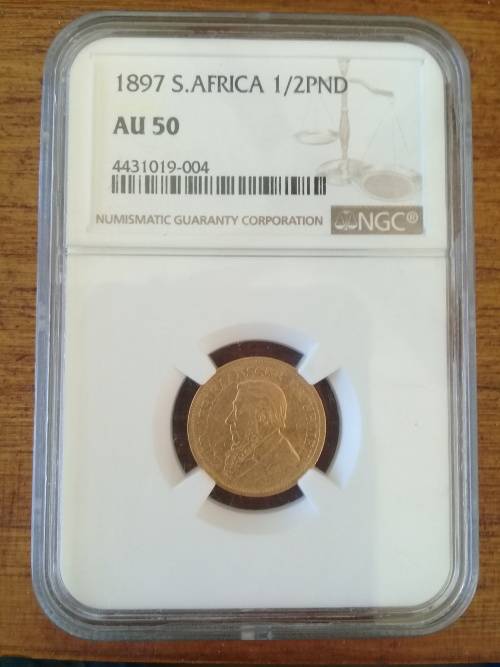 Paul Kruger ZAR : GOLD HALF POND of 1897 : NGC graded AU 50