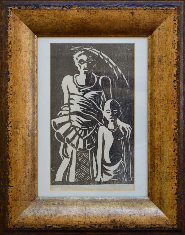 * MAURICE VAN ESSCHE: MOTHER AND CHILD: ORIGINAL GRAPHIC ART (LINO) SIGNED BY THE ARTIST