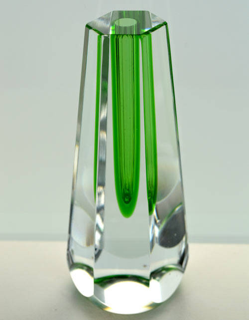 MUSEUM ITEM EXBOR GREEN & CLEAR CZECH GLASS SCULPTURAL VASE DESIGNED BY PAVEL HLAVA IN 1957/58