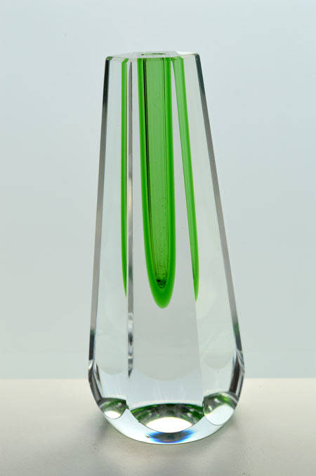 MUSEUM ITEM EXBOR GREEN & CLEAR CZECH GLASS SCULPTURAL VASE DESIGNED BY PAVEL HLAVA IN 1957/58