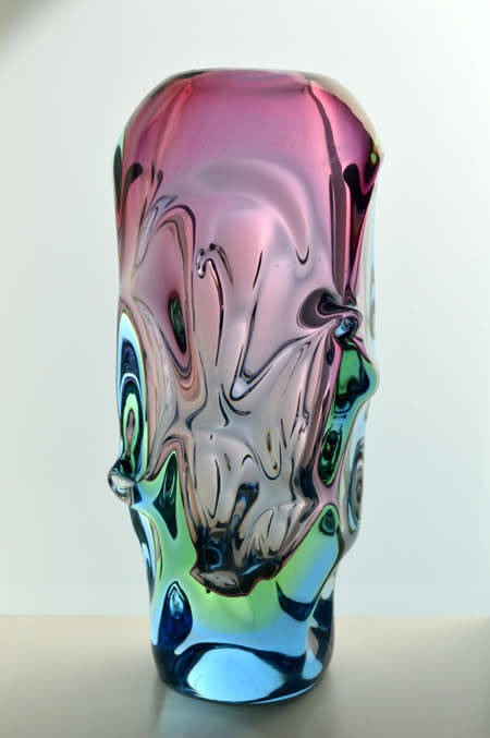FLAGSHIP/HALLMARK DESIGN: SKRDLOVICE PINK, GREEN & BLUE VASE, DESIGNED BY JAN BERANEK IN 1959