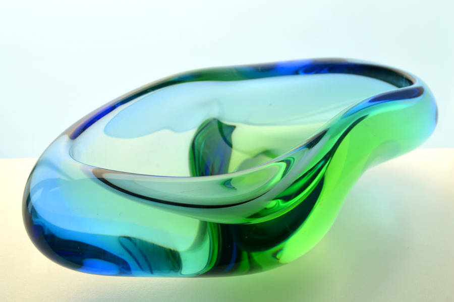 ABSOLUTELY MAGNIFICENT HANDMADE, ORGANIC & HEAVY SKRDLOVICE GREEN & BLUE BOWL (DESIGNER JAN BERANEK)