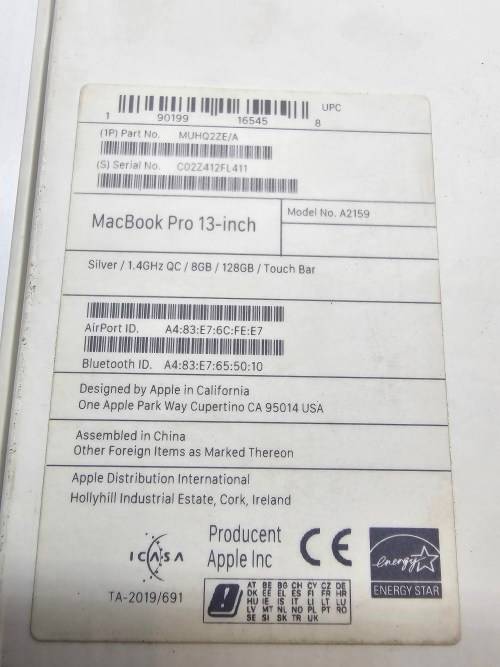 Macbook Pro 13 inch A2159 2019 !Spares or Repairs!